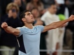 Spain's Carlos Alcaraz celebrates after winning his fourth round match against Russia's Karen Khachanov