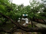 East and central parts of Delhi bore the maximum brunt of the storm that peppered the roads with broken tree branches. People shared videos and images on social media platforms showing fallen trees, damaged vehicles, window panes and structures.(Photo by Ajay Aggarwal/ Hindustan Times)