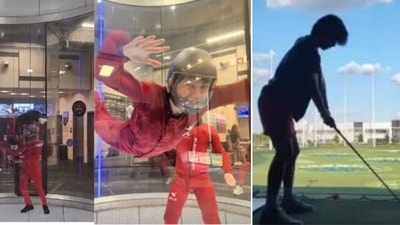 BTS V at the indoor skydiving venue with Jin and golfing. BTS V at the indoor skydiving venue with Jin and golfing.