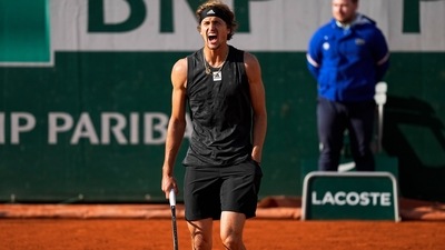 Alexander Zverev celebrates after defeating Spain's Bernabe Zapata Miralles at the French Open (AP)
