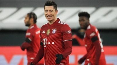 Bayern Munich's Robert Lewandowski celebrates scoring a goal (REUTERS)
