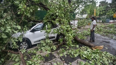 A view of a tree uprooted and fallen on a car at Harish Chander Mathur Lane following heavy thunderstorms and rain in New Delhi. (Photo by Raj K Raj/ Hindustan Times) A view of a tree uprooted and fallen on a car at Harish Chander Mathur Lane following heavy thunderstorms and rain in New Delhi. (Photo by Raj K Raj/ Hindustan Times)