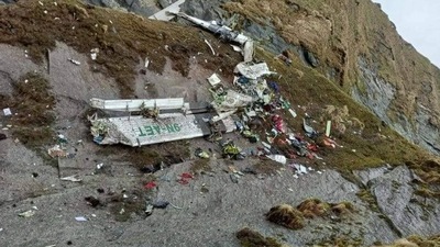 The wreckage of the crashed Tara Air aircraft located at Sanosware, Thasang-2, Mustang (Nepal Army/ANI) The wreckage of the crashed Tara Air aircraft located at Sanosware, Thasang-2, Mustang (Nepal Army/ANI)
