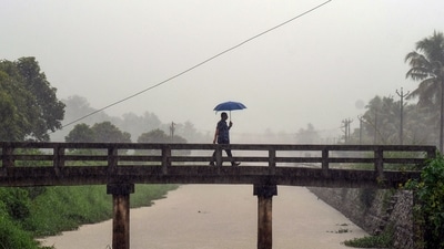 A man holding an umbrella walks on a bridge during rain at Vellayani in Thiruvananthapuram on Monday. (PTI) A man holding an umbrella walks on a bridge during rain at Vellayani in Thiruvananthapuram on Monday. (PTI)
