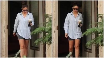 Kareena's casual look features a printed collared shirt with blue and white striped patterns, a button-down front, loose silhouette, full sleeves with buttoned cuffs and a curved high-low hem. (HT Photo/Varinder Chawla) Kareena's casual look features a printed collared shirt with blue and white striped patterns, a button-down front, loose silhouette, full sleeves with buttoned cuffs and a curved high-low hem. (HT Photo/Varinder Chawla)