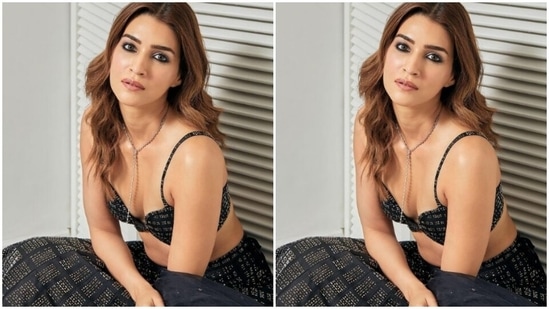 Kriti played muse to fashion designer Seema Gujral and picked a black lehenga from the shelves of the designer.(Instagram/@kritisanon)