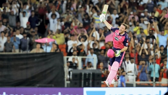 Jos Buttler of Rajasthan Royals celebrates his century during IPL 2022(IPL)