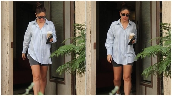 Kareena's casual look features a printed collared shirt with blue and white striped patterns, a button-down front, loose silhouette, full sleeves with buttoned cuffs and a curved high-low hem.(HT Photo/Varinder Chawla)