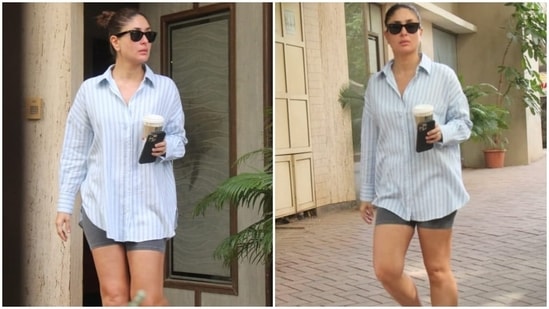 Kareena styled her chilled-out attire with a pair of chunky white sneakers featuring lace-up details, statement rings and black tinted sunglasses. In the end, Kareena chose a sleeked back top bun, nude lip shade, bare face, dewy face and blushed cheeks for the glam picks.(HT Photo/Varinder Chawla)
