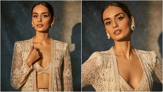 Manushi wore a sharara and bralette set paired with a long sheer-panelled cape jacket. While the sleeveless bralette had a plunging V neckline and hem, sequinned embellishments and intricate threadwork, the sharara pants featured similar geometric patterned embroidery and intricately-placed sequins.(Instagram)