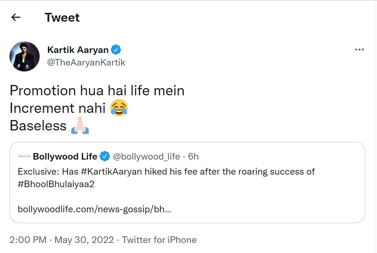 Kartik Aaryan's post on Twitter.
