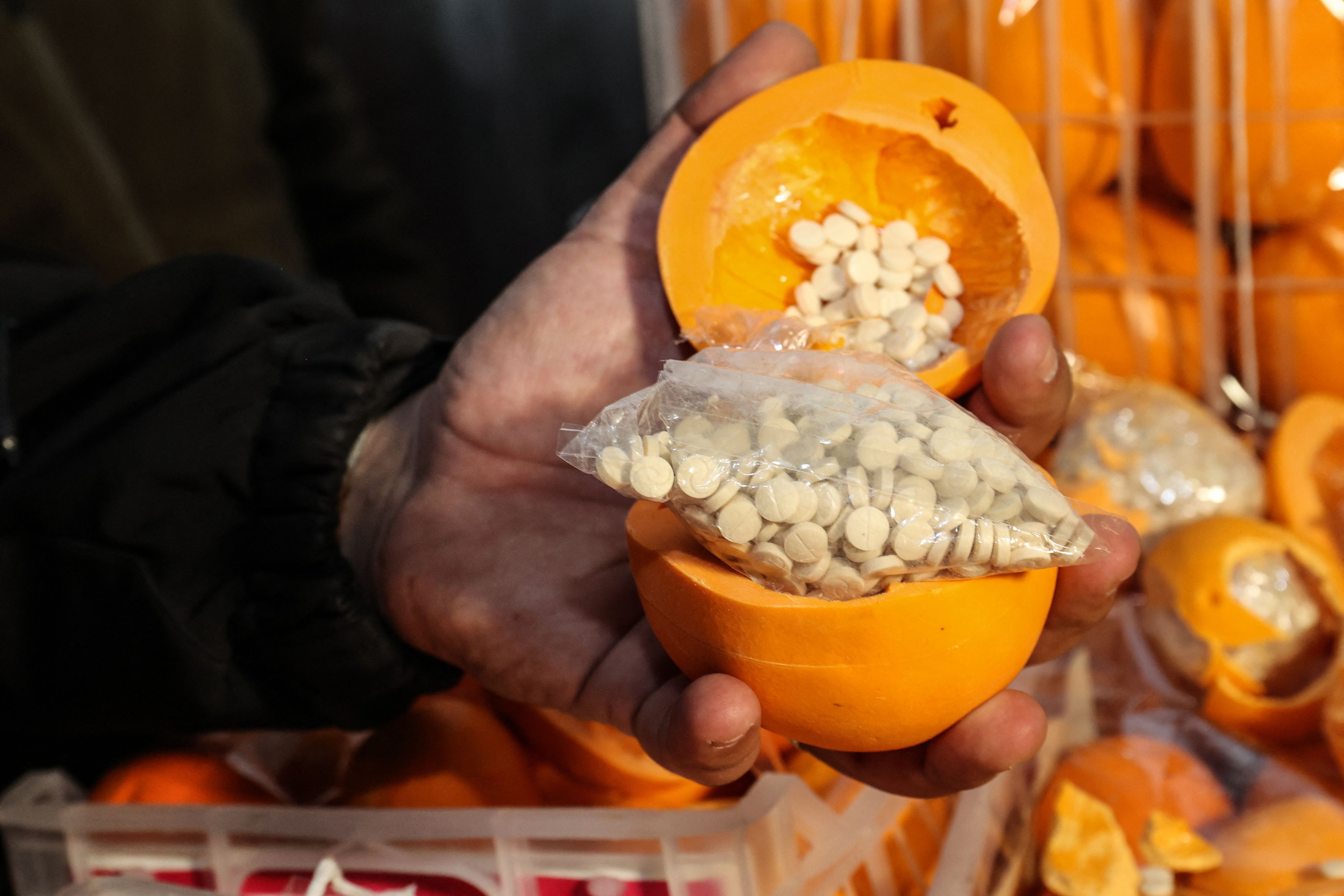 A man shows fake oranges filled with illegal drug pills. (AFP file photo) A man shows fake oranges filled with illegal drug pills. (AFP file photo)
