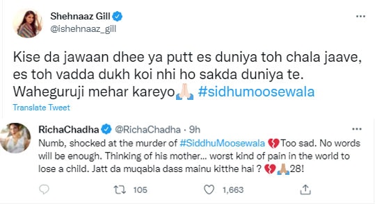 Shehnaaz Gill and Richa Chadha tweeted about Sidhu Moosewala.&nbsp;