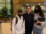 Kajol with son Yug Devgn and daughter Nysa Devgn. Kajol with son Yug Devgn and daughter Nysa Devgn.