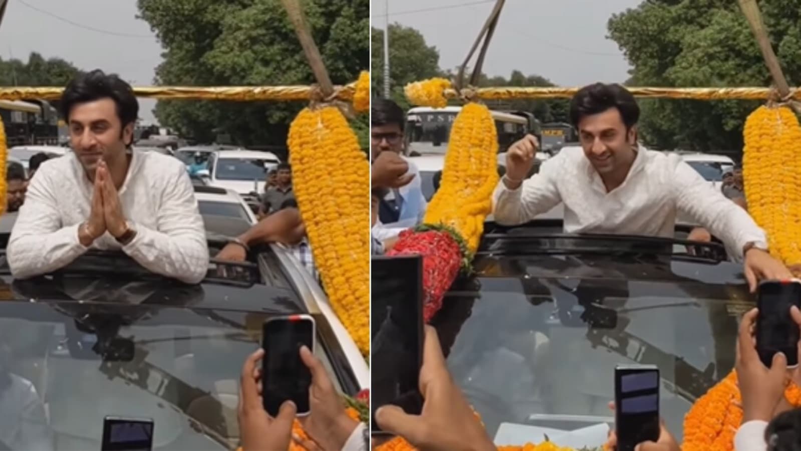 Ranbir Kapoor reaches Visakhapatnam, fans get a crane to put a garland on him