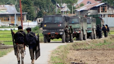 Security personnel patol at the encounter site where two militants were killed, at Gundipora, in Pulwama. (ANI) Security personnel patol at the encounter site where two militants were killed, at Gundipora, in Pulwama. (ANI)