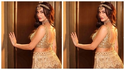 Amyra played muse to fashion designer house Label Arshi Singhal and picked a golden lehenga for the pictures. (Instagram/@amyradastur93)