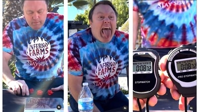 Greg Foster sets world record for eating three Carolina Reaper peppers in record 8.72 seconds. The images are taken from the video posted on Instagram by Guinness World Records. (Instagram/@guinnessworldrecords) Greg Foster sets world record for eating three Carolina Reaper peppers in record 8.72 seconds. The images are taken from the video posted on Instagram by Guinness World Records. (Instagram/@guinnessworldrecords)