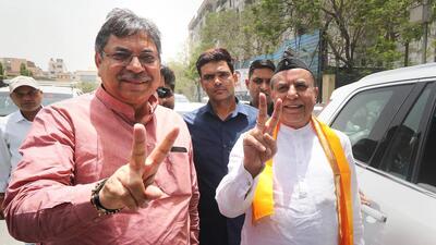 Jaipur: Rajasthan BJP President Satish Poonia with independent candidate Shubhash Chandra shows the victory sign after the latter filed nomination papers for upcoming Rajya Sabha elections, at Rajasthan Assembly, in Jaipur, Tuesday, May 31, 2022. (PTI Photo) (PTI05_31_2022_000104B) (PTI) Jaipur: Rajasthan BJP President Satish Poonia with independent candidate Shubhash Chandra shows the victory sign after the latter filed nomination papers for upcoming Rajya Sabha elections, at Rajasthan Assembly, in Jaipur, Tuesday, May 31, 2022. (PTI Photo) (PTI05_31_2022_000104B) (PTI)