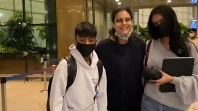 Kajol with son Yug Devgn and daughter Nysa Devgn. Kajol with son Yug Devgn and daughter Nysa Devgn.