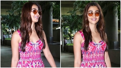 Pooja Hegde proves she is the queen of effortless airport dressing in sleeveless summer dress worth ₹22k (Instagram/@hegdepooja_fan) Pooja Hegde proves she is the queen of effortless airport dressing in sleeveless summer dress worth ₹22k (Instagram/@hegdepooja_fan)