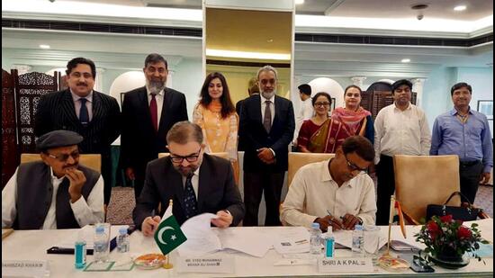 The Indian delegation was led by AK Pal, the Indian commissioner for Indus waters, and the Pakistan delegation was headed by Syed Muhammad Mehar Ali Shah, the Pakistani commissioner at the 118th meeting of the Permanent Indus Commission in New Delhi on Tuesday. (TWITTER.) The Indian delegation was led by AK Pal, the Indian commissioner for Indus waters, and the Pakistan delegation was headed by Syed Muhammad Mehar Ali Shah, the Pakistani commissioner at the 118th meeting of the Permanent Indus Commission in New Delhi on Tuesday. (TWITTER.)