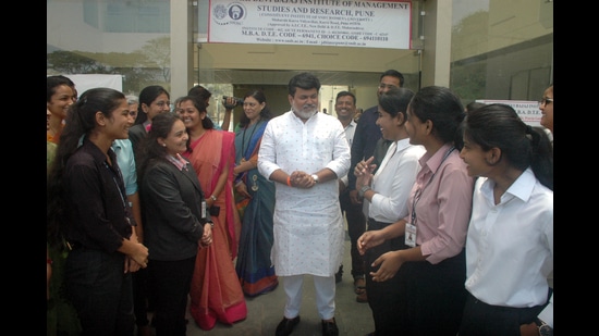 Minister for higher education Uday Samant at SNDT collage, Karve road on Tuesday. (HT PHOTO)