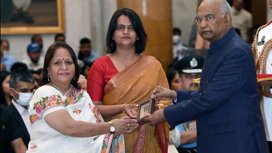 President Ram Nath Kovind awards the Shaurya Chakra to Group Captain Varun Singh (Posthumous), in New Delhi on Tuesday. Singh was chosen for the award for exceptional courage and remarkable presence of mind in handling a rare mid-air emergency involving the Tejas light combat aircraft in October 2020. (ANI PHOTO.)