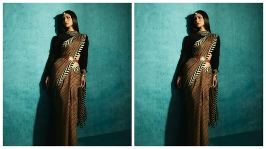 Mouni played muse to fashion designer house JJ Valaya and picked a silk saree for the pictures.(Instagram/@imouniroy)