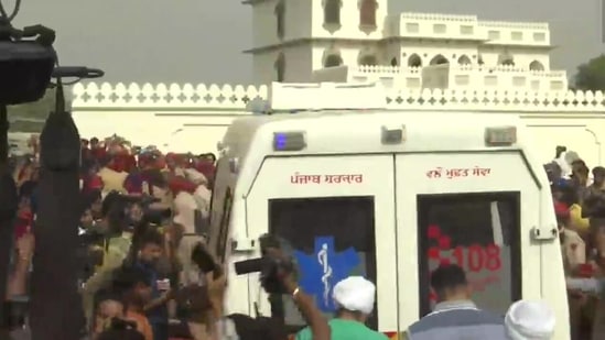 A huge crowd gathers outside the residence of Sidhu Moose Wala in Mansa.(ANI)