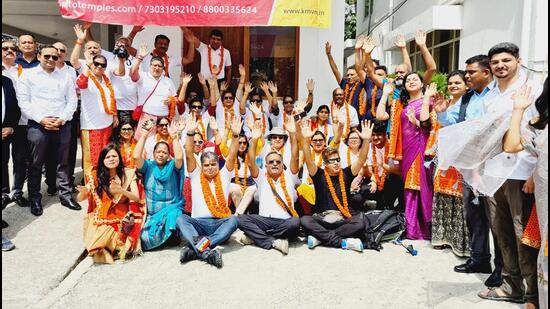 The first group on their way to the Adi Kailash Yatra at the tourist rest house in Bhimtal on Tuesday. (SOURCED.)