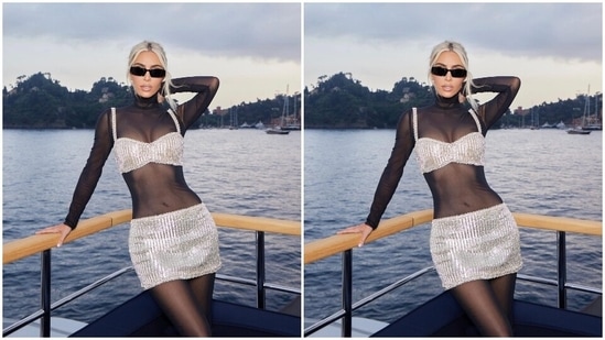 In the end, Kim chose rectangle-shaped tinted sunglasses and statement rings for the accessories. She tied her platinum blonde tresses in a messy hairdo, and for the glam, Kim opted for nude lip shade, heavy mascara on the lashes, glowing skin, sharp contouring, blushed cheeks and subtle eye shadow.(Instagram)