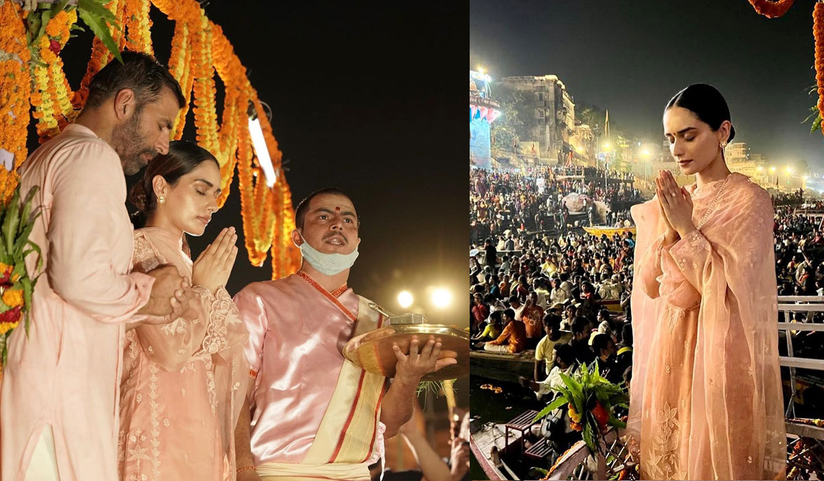 Akshay Kumar and Manushi Chhillar during a puja in Varanasi. Akshay Kumar and Manushi Chhillar during a puja in Varanasi.
