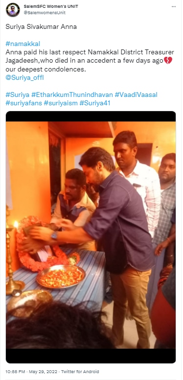 Suriya visits deceased fan's house.