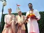 Bollywood actor Akshay Kumar, actress Manushi Chillar and director Chandraprakash Dwivedi pose for a picture during their visit to the Somnath Temple to offer prayers, in Gir Somnath district of Gujarat.(ANI) Bollywood actor Akshay Kumar, actress Manushi Chillar and director Chandraprakash Dwivedi pose for a picture during their visit to the Somnath Temple to offer prayers, in Gir Somnath district of Gujarat.(ANI)