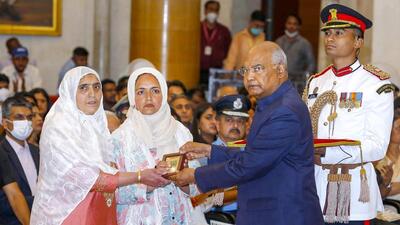 President Ram Nath Kovind presents Kirti Chakra (posthumous) to Altaf Hussain Bhat, constable, J&K Police, at the Rashtrapati Bhavan, in New Delhi. His family members received the award from the President. (PTI) President Ram Nath Kovind presents Kirti Chakra (posthumous) to Altaf Hussain Bhat, constable, J&K Police, at the Rashtrapati Bhavan, in New Delhi. His family members received the award from the President. (PTI)