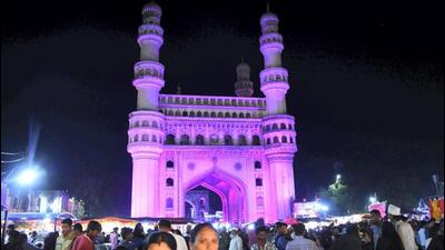Congress leader Rashid Khan put up a board at the historic Mecca Masjid near Charminar, saying, “It is our constitutional right to freely profess, practice and propagate religion.” (PTI) Congress leader Rashid Khan put up a board at the historic Mecca Masjid near Charminar, saying, “It is our constitutional right to freely profess, practice and propagate religion.” (PTI)