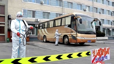 Volunteers carry out disinfection work during an anti-virus campaign in Pyongyang, North Korea. (File photo) (via REUTERS)