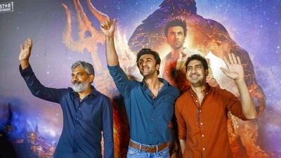 Filmmaker SS Rajamouli, actor Ranbir Kapoor and director Ayan Mukerji during a promotional event for Brahmastra Part One: Shiva', in Visakhapatnam. (PTI) Filmmaker SS Rajamouli, actor Ranbir Kapoor and director Ayan Mukerji during a promotional event for Brahmastra Part One: Shiva', in Visakhapatnam. (PTI)