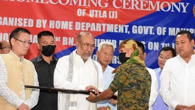 ‘Believe us, we’re not your enemies. You are all our people,’ Manipur chief minister N Biren Singh told the militants who surrendered. ‘Believe us, we’re not your enemies. You are all our people,’ Manipur chief minister N Biren Singh told the militants who surrendered.