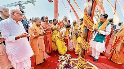 Uttar Pradesh chief minister Yogi Adityanath at the foundation stone laying of sanctum sanctorum of the Ram temple, in Ayodhya on Wednesday. (PTI) Uttar Pradesh chief minister Yogi Adityanath at the foundation stone laying of sanctum sanctorum of the Ram temple, in Ayodhya on Wednesday. (PTI)