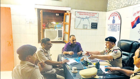 GRP DSP Balram Rana chairing a meeting with railway police over security arrangements during the anniversary week of Operation Bluestar in Ludhiana. (HT PHOTO)