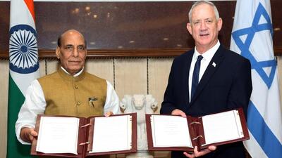 Defence minister Rajnath Singh and his Israeli counterpart Benjamin Gantz held talks in New Delhi on Thursday and adopted the ‘India-Israel Vision on Defence Cooperation’ (ANI/ PIB) Defence minister Rajnath Singh and his Israeli counterpart Benjamin Gantz held talks in New Delhi on Thursday and adopted the ‘India-Israel Vision on Defence Cooperation’ (ANI/ PIB)