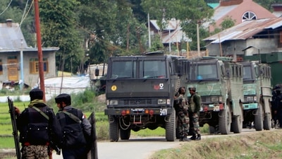 File photo: Security personnel patrol at the encounter site where two militants were killed, at Gundipora, in Pulwama on Monday. (ANI Photo) (Imran Nissar) File photo: Security personnel patrol at the encounter site where two militants were killed, at Gundipora, in Pulwama on Monday. (ANI Photo) (Imran Nissar)