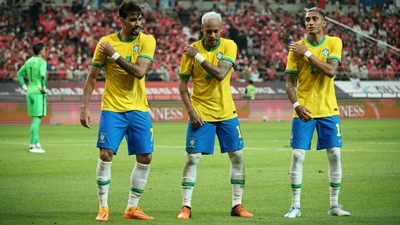 Neymar celebrates scoring Brazil's second goal with Raphinha and Lucas Paqueta&nbsp; (REUTERS)