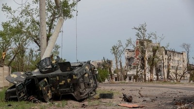 A view shows a military vehicle destroyed during Ukraine-Russia conflict in the town of Rubizhne in the Luhansk region, Ukraine June 1, 2022.&nbsp; (REUTERS)