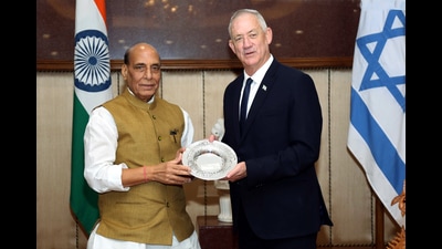 Defence minister Rajnath Singh at a bilateral meeting with Israel Defence Minister Benjamin Gantz, in New Delhi on Thursday. (ANI) Defence minister Rajnath Singh at a bilateral meeting with Israel Defence Minister Benjamin Gantz, in New Delhi on Thursday. (ANI)