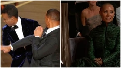 Left- Will Smith smacking Chris Rock at Oscars. Right- Jada Pinkett Smith's reaction when Chris made a joke about her, seconds before the slap. Left- Will Smith smacking Chris Rock at Oscars. Right- Jada Pinkett Smith's reaction when Chris made a joke about her, seconds before the slap.