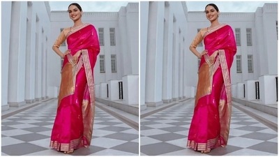 In the end, Manushi chose minimal accessories and makeup to round it all off. She opted for gold-toned earrings, matching Kundan gold bangles, a centre-parted sleek low bun, subtle shimmery eye shadow, sleek eyeliner, mascara on the lashes, glowing skin, blushed cheeks, glossy bronze-hued lip shade, dainty bindi, and on-fleek brows. (Instagram) In the end, Manushi chose minimal accessories and makeup to round it all off. She opted for gold-toned earrings, matching Kundan gold bangles, a centre-parted sleek low bun, subtle shimmery eye shadow, sleek eyeliner, mascara on the lashes, glowing skin, blushed cheeks, glossy bronze-hued lip shade, dainty bindi, and on-fleek brows. (Instagram)
