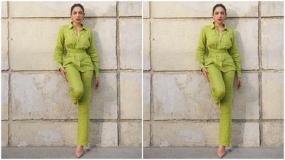 Sobhita wore the shirt with matching pastel green-coloured pants featuring a straight fitted silhouette and high-rise waistline. A pair of nude pumps with killer high heels from Christian Louboutin rounded off the look. (Instagram) Sobhita wore the shirt with matching pastel green-coloured pants featuring a straight fitted silhouette and high-rise waistline. A pair of nude pumps with killer high heels from Christian Louboutin rounded off the look. (Instagram)